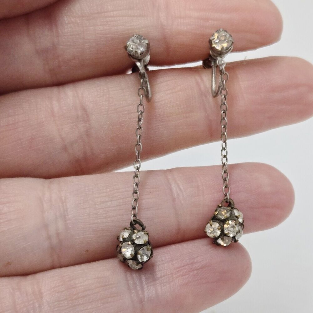 Vintage Rhinestone Screw Back Dangle Earrings Cluster Ball Retro MCM Mod 50s 60s